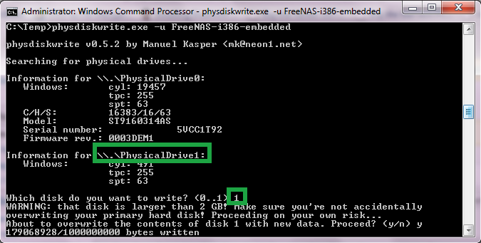 The program will start writing the file and you can see the progress. After it is done you have USB stick with FreeNAS installed on it.